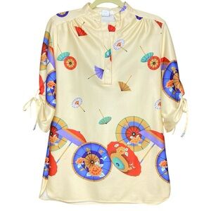 Vintage 70s Smartique novelty Japanese umbrella prints blouse size 14